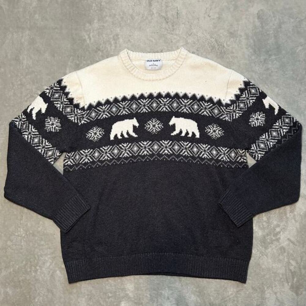 Old Navy Fair Isle Polar Bear Sweater Size L Gray White Crewneck Winter Holiday‎